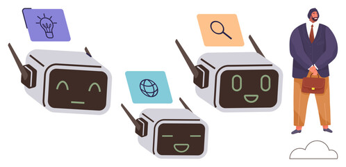 Artificial intelligence, innovation, teamwork, communication, business strategy, technology. Three AI robots exchanging ideas with a businessman. Artificial intelligence and innovation collaboration