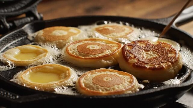 Delicious and Crispy Poffertjes Cooking in a Cast Iron Pan with Boiling Butter Revealing Golden Brown Perfection