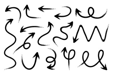 Obraz premium Set of hand drawn black arrows in brush stroke style. Curved, sketch and scribble direction symbols for infographic, navigation and social media design.