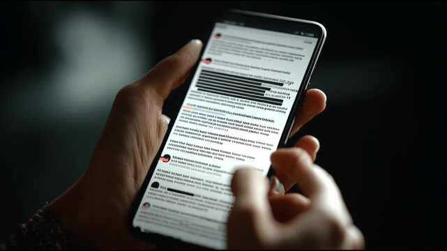 In a busy cafe, someone navigates blurred social media posts on a smartphone screen and shares interactions while enjoying their time.