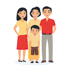 Fototapeta premium Smiling happy family group standing together with mother father two children casual clothing positive expression flat vector illustration
