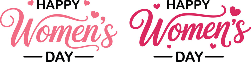 Set of two 'Happy Women's Day' pink vector typography designs with decorative hearts, isolated on white background © Inovo Lab