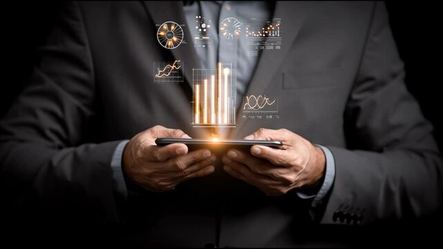 A businessman presents financial data and investment strategies using a modern display in a busy workshop setting in New York City.