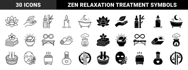 Wellness and holistic therapy hybrid icons featuring lotus stone balance aromatherapy candle ritual and zen bamboo massage elements in dual line and solid style