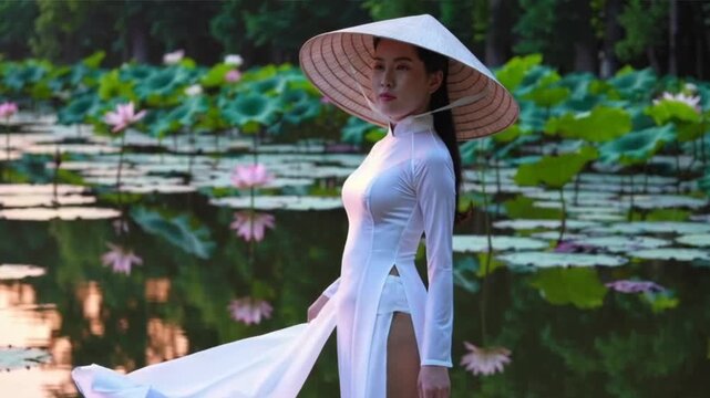 A young Asian woman in a traditional white ao dai and conical hat stands by a serene lotus pond at sunset. The scene captures tranquility and cultural heritage.