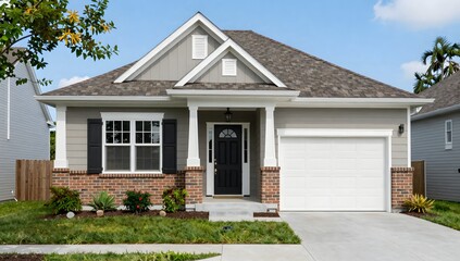 Fototapeta premium Well maintained house with neutral colors and a manicured front yard during the day
