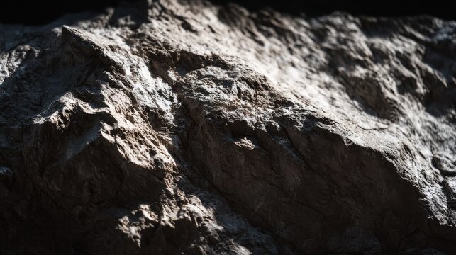 Macro of rough stone texture in harsh side light, emphasizing rugged topography and deep shadows