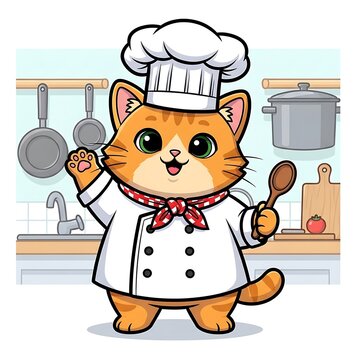 Cartoon cat chef in kitchen.