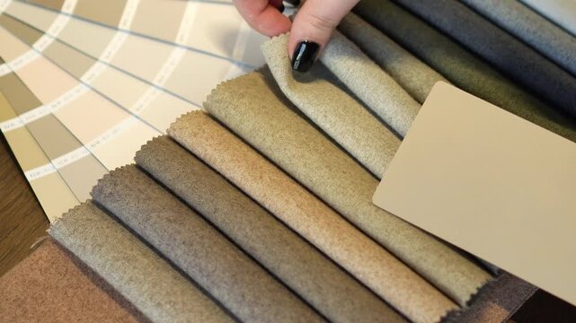 woman touches, irons and chooses green, beige, olive fabric from fabric samples for curtains, textiles and furniture. professional selection of fabric in the salon, interior design, cozy home