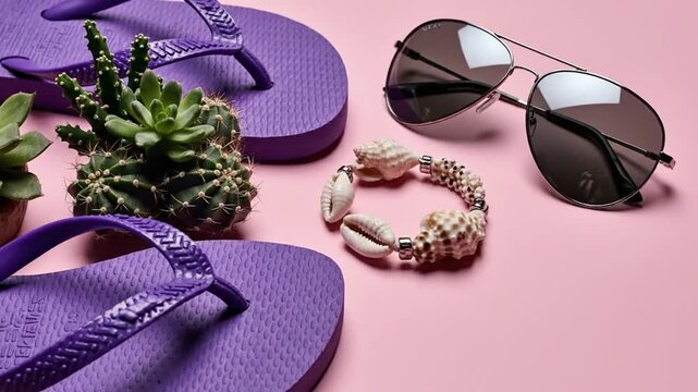 Purple flip-flops, sunglasses, shell bracelet, and cactus on pink background