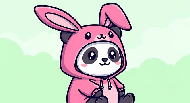 Cute panda bear in pink bunny suit.