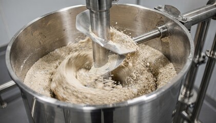 Medium shot of a singleshaft ribbon mixer blending powders in a stainless steel vessel showcasing uniform mixing of dry ingredients in industrial processing.