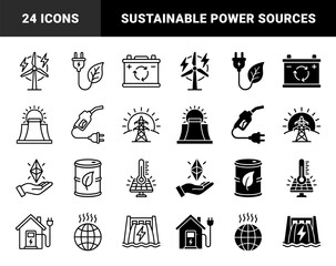 Naklejka premium Sustainable energy hybrid icons featuring wind turbine lightning bolt solar thermal power plant plug leaf battery recycling fuel pump and global warming metaphors