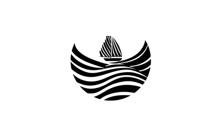 A nautical-themed graphic featuring a sailboat sailing on wavy water within a stylized crescent shape