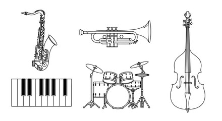 Detailed Line Art Collection of Classical and Jazz Musical Instruments on Isolated White Background © mangun