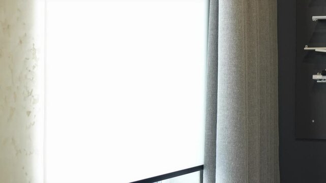 automatic opening of curtains on the remote control. large wide wooden blinds. professional window shading salon, electric drive, servo drive, elite technologies, curtains on the remote control
