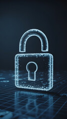 Fototapeta premium Glowing blue digital padlock on grid surface