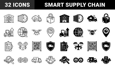 Obraz premium Hybrid Logistics and Supply Chain Icons Featuring Smart Warehouse Circuits Cargo Container Clocks and Electric Delivery Vehicles in Outline and Solid Styles