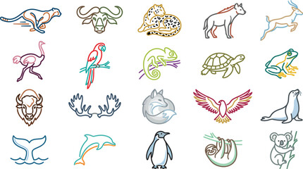 Colorful collection of stylized line art icons representing various beautiful wild animals © NeoVector