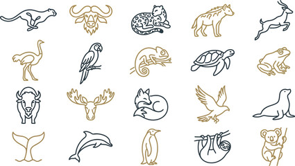 Collection of stylized line art icons featuring various fascinating wild animals from diverse habitats. © NeoVector