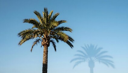 Fototapeta premium Solitary palm tree stands tall against a clear blue sky with its shadow nearby