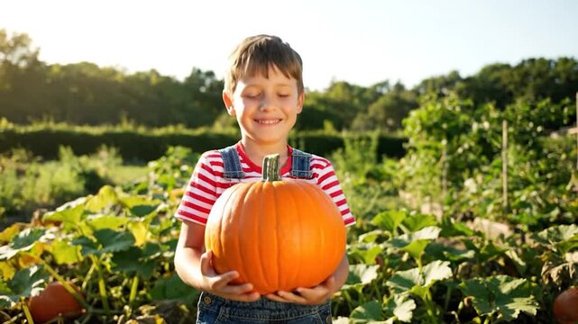 A young boy smiles, holding a large pumpkin in a field, sunshine in background