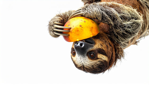 Adorable two-toed sloth hangs upside down joyfully eating a sweet yellow mango with its claws against a bright white isolated studio background.