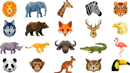 Fototapeta premium Collection of diverse low poly geometric animal illustrations featuring wildlife portraits and figures.
