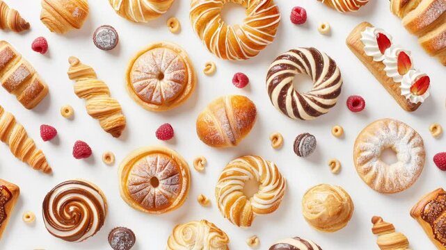 assorted butter cookies on white background, top-down flatlay featuring artisanal biscuits, swirls, jam centers, sugar-dusted rounds, crispy sticks