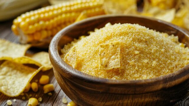 golden cornmeal in wooden bowl surrounded by corn cobs, tortilla chips and scattered kernels on weathered wooden table; warm natural light highlights coarse