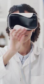 Woman, doctor or hands with vr headset in laboratory for futuristic interaction or development. Female person, virtual reality or medical simulation with UI for clinical trial, research or innovation