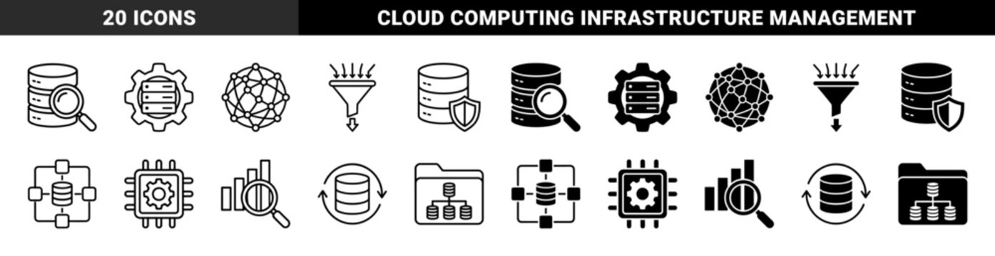Data infrastructure and cloud computing hybrid icons featuring database storage synchronized with processing gear and analytical magnifier symbols in outline and solid styles