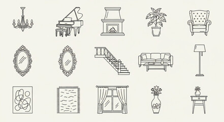 Collection of Hand Drawn Interior Design Elements and Furniture. © arjuna davin