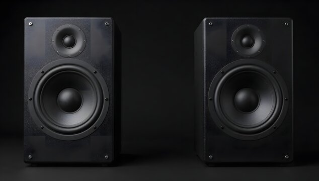 Two modern black speakers are displayed against a black background for sound systems