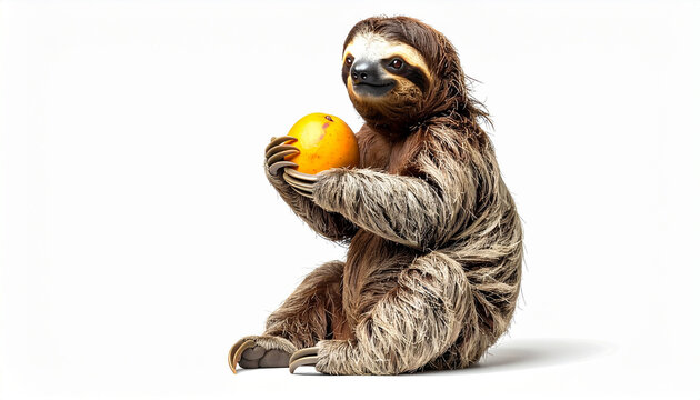 Adorable furry sloth sitting upright gently holding a bright orange fruit in its long-clawed paws on a clean white studio background.