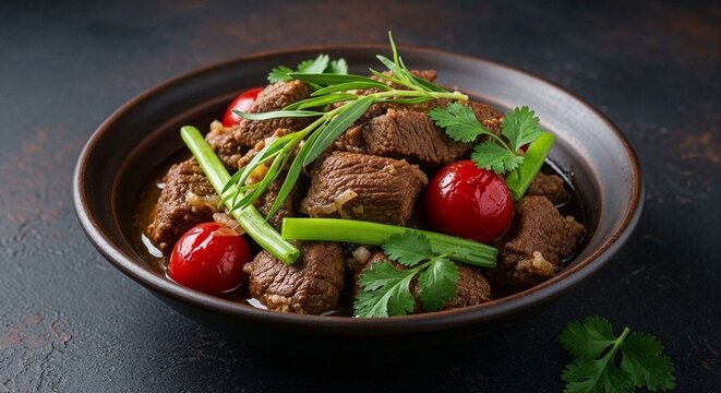 Georgian chakapuli Beef stew with cherry tomatoes and herbs in a dark bowl 