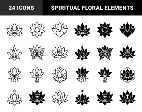 Symmetrical lotus flower hybrid symbols merging organic floral shapes with celestial moon sun heart flame butterfly eye root unalome hourglass and compass elements