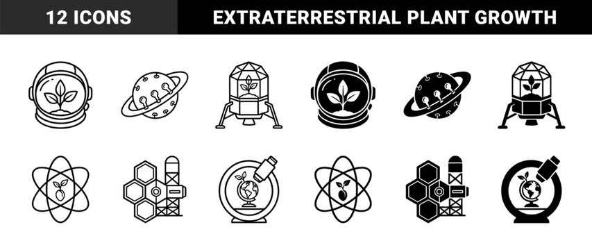 Biotechnology and space exploration hybrid symbols featuring botanical growth inside astronaut helmets laboratory equipment and celestial bodies