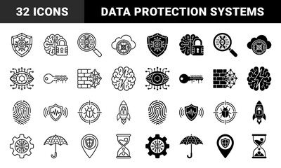 Obraz premium Cybersecurity and Artificial Intelligence Hybrid Symbols Featuring Encrypted Brains Data Protection Shields and Biometric Network Security Elements
