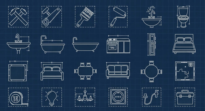 Collection of architectural and interior design icons on blue background.