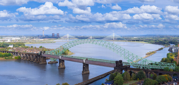 Liverpool, Merseyside, UK, September 09, 2025; aerial view of the Silver Jubilee Bridge and Britannia Railway Viaduct over the River Mersey and Manchester Ship Canal, Liverpool, UK
