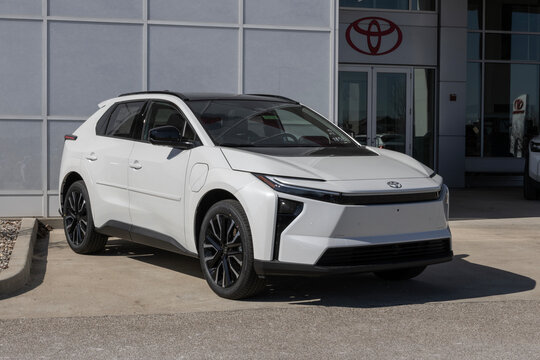 Toyota bZ Limited AWD EV SUV display at a dealership. Toyota offers the bZ with up to 314 miles driving range. MY:2026