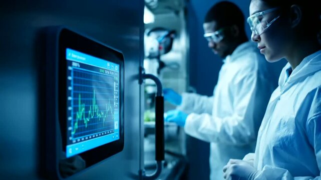 Researchers monitor data graphs in greenhouse regulating climate or Researchers analyze temperature humidity levels inside greenhouse lab examining plants