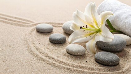 Fototapeta premium Zen garden setting featuring a white lily, grey stones, and a white towel on sand