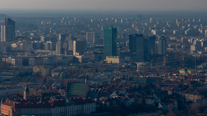 Fototapeta premium Aerial late afternoon view of central Warsaw with Intraco I tower
