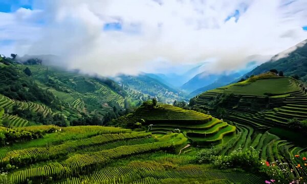 Pemandangan di pegunungan yang luas, langit biru,awan putih,terasiring di bukit 