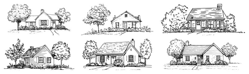 Multiple small cottage sketches and cabin illustrations in a vintage doodle style © Kaz