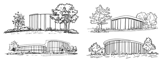 Hand drawn architectural sketches of futuristic organic buildings with curved walls and pavilions