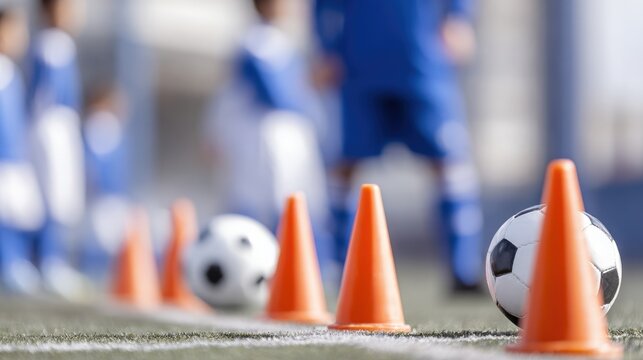 Youth soccer training drill with orange cones and ball on turf field