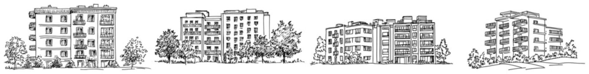 Collection of residential apartment block sketches showing suburban architecture and multi family housing © Kaz